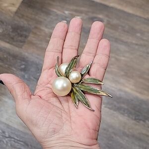 Vintage Pearl and Green Leaf Brooch